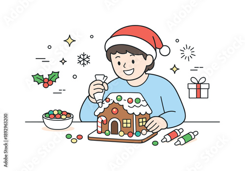 Gingerbread House Joy. Christmas gingerbread house activity. A person smiling while completing a gingerbread house decorated with simple candy shapes. Friendly