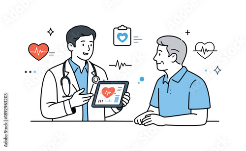 Heart Health Consultation. Cardiologist examining heart health. A cardiologist reviews heart data on a tablet while speaking calmly with a patient, showing