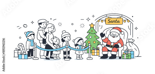 Children Await Santa. Kids meeting Santa in mall queue. Children waiting in line with parents near festive decorations. Anticipation and cheerful holiday mood.