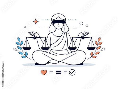 Balance and Fairness. Justice Symbol Illustration. A clean editorial scene with balanced scales and a calm abstract figure, representing fairness and equality.