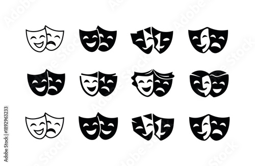 Theatrical Mask Icons. A live theater performance with actors wearing masks. Icon set. Set Logo of A live theater performance with actors wearing masks: dual
