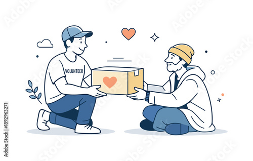 Empathy in Action. Volunteering charity support. Volunteer handing a package to a person in need, gentle gestures and respectful interaction. Empathy, help and