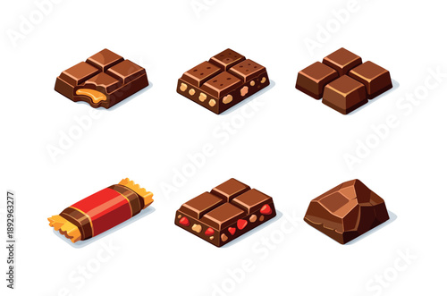 Isometric Chocolate Delights. Chocolate treats. Isometric flat vector icons set of Chocolate treats: chocolate bar with caramel filling, chocolate bar with