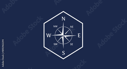 Minimalist White Compass Rose Emblem on Dark Blue Background.