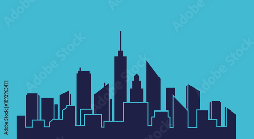 Modern City Skyline Silhouette Against Blue Sky.