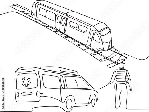 Emergency responders attending to train accident scene with ambulance and personnel on site