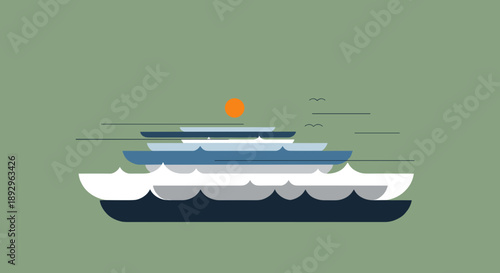 Modern Ferry Boat Sailing on Calm Water Under Orange Sun.