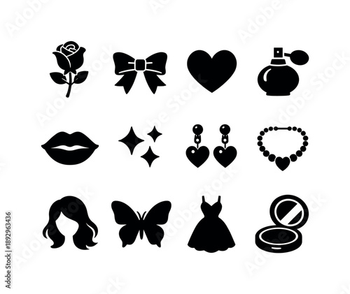 Romantic Icon Set. Romantic feminine style. Solid icon set of romantic feminine style: rose flower, ribbon bow, heart icon, perfume bottle, lips