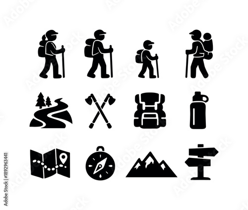 Family Hiking Icons. Family hiking together. Solid icon set of family hiking together: mother hiker, father hiker, child hiker, baby carrier, hiking trail,