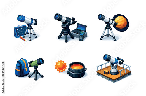 Space Observation Icons. Space Observation. Isometric flat vector icons set of Space Observation: telescope with sky map, digital telescope setup, telescope