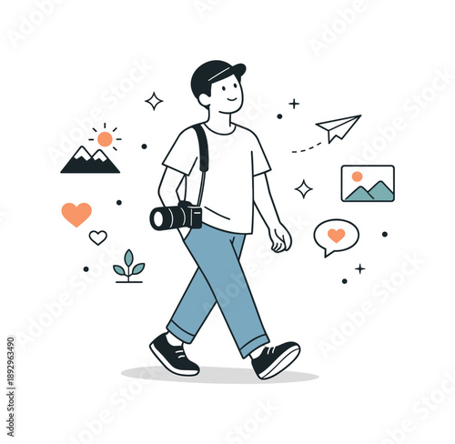 Creative Photography Journey. Photography hobby illustration. A relaxed photographer walking with a camera strap over the shoulder, expressing freedom,
