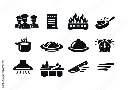Kitchen Icons Collection. Busy Kitchen Service. Solid icon set of Busy Kitchen Service: chef team, order ticket, stove flames, frying pan toss, saucepan boil,