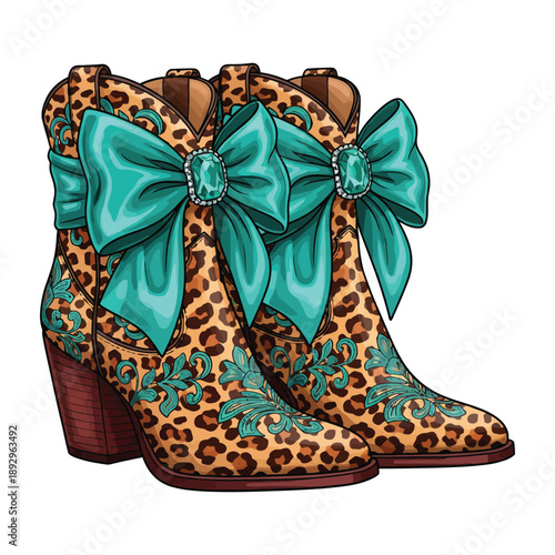 Leopard Print Cowgirl Boots with Turquoise Bows Fashion Illustration