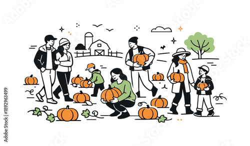 Pumpkin Patch Stroll. Group at a pumpkin patch. Several people walking between rows of pumpkins, relaxed autumn mood and shared seasonal activity. Minimalist