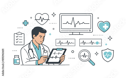 Heart Health Analysis. Heart diagnostics and monitoring. Clean ECG lines and heart icons appear as a cardiologist reviews results with focus. The scene feels