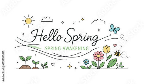 Spring Awakening Illustration. Hello Spring Flat Design ? Spring Awakening. Gentle sprouts, blooming flowers, and flowing lines spreading across a clean