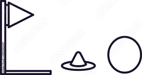 Simple outline icons depict a golf flagstick, ball, and tee isolated on a white background for sports concepts.