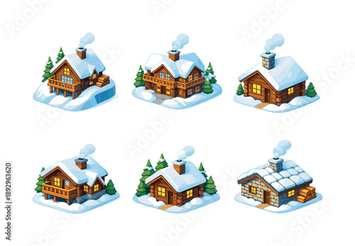 Snowy Cottages Icons. Snow Cottages and Lodges. Isometric flat vector icons set of Snow Cottages and Lodges: winter hillside cottage, alpine timber lodge, snow