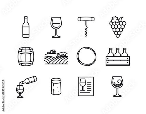 Wine Line Icon Set. Wine. Line icon set of Wine: wine bottle, wine glass, corkscrew, grape cluster, wine barrel, vineyard hill, wine stain ring, wine crate,