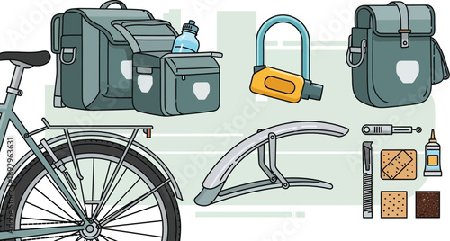 Various bicycle accessories including pannier bags, a U-lock, a fender, and repair kit items are depicted as vector illustrations against a light background.