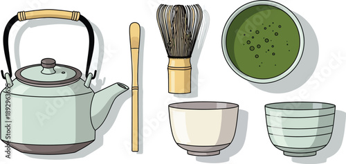 Traditional Japanese matcha tea preparation implements including a kettle, whisk, and bowls are displayed on a white background.