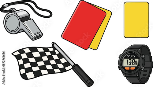 A referee's equipment set includes a silver whistle on a lanyard, a digital sports watch, red and yellow penalty cards, and a black and white checkered flag.