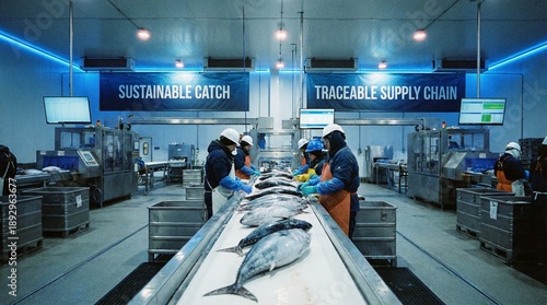 Workers processing fish on conveyor belt in sustainable seafood facility  