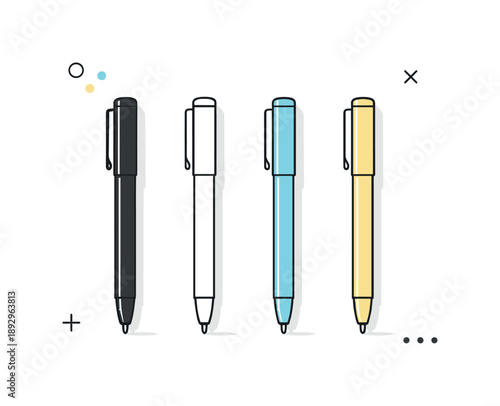 Minimalist Pen Collection. Minimal pen collection. A small set of pens arranged in a clean row, simple cylindrical shapes and subtle clip details. Calm