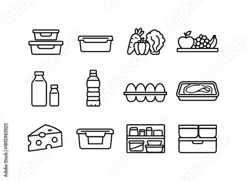 Refrigerator Icon Set. Refrigerator Storage. Line icon set of Refrigerator Storage: food containers, leftovers box, fresh vegetables, fruit shelf, milk bottle,