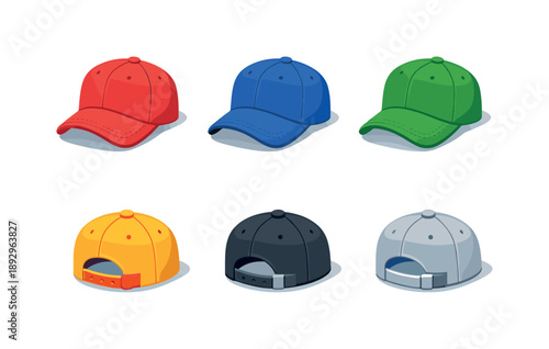 Colorful Cap Icons. Everyday headwear. Isometric flat vector icons set of everyday headwear: casual cap front view, structured crown, soft brim curve, top
