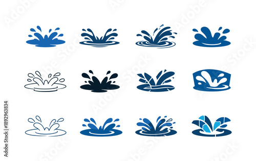 Puddle Splash Icons. Splashing in puddles. Icon set. Set Logo of splashing in puddles: playful splash arc. harmonious logo variations of the same emblematic