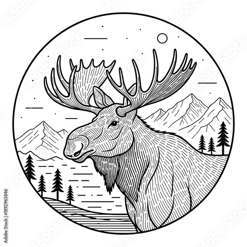 Magnificent moose with large antlers stands before high mountain peaks and evergreen pine trees. Isolated transparent background ( include cut-out PNG file )