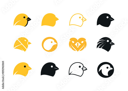 Canary Logo Variations. canaries. Icon set. Set Logo of canaries: canary head emblem. harmonious logo variations of the same emblematic concept, each with