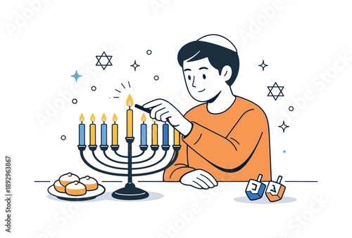 Lighting Hanukkah Candles. Lighting the Hanukkah candles. A person gently lighting a candle on a menorah, focused and calm. The scene reflects