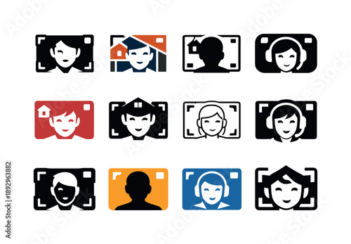 Vlog Logo Variations. Recording a vlog at home. Icon set. Set Logo of Recording a vlog at home: face close-up inside recording frame. harmonious logo