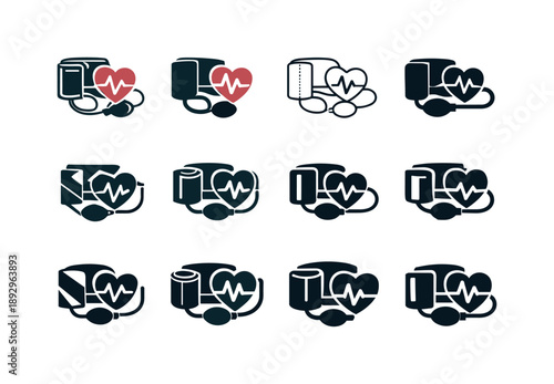 Blood Pressure Icon Set. Blood pressure cuff. Icon set. Set Logo of blood pressure cuff: heartbeat symbol. harmonious logo variations of the same emblematic