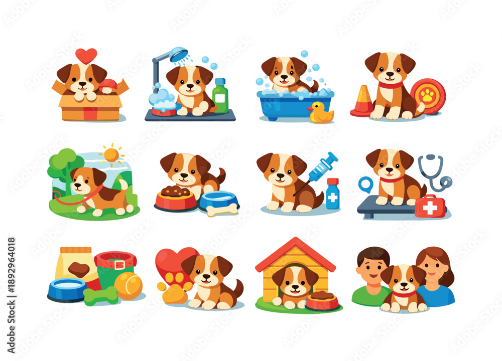 Fototapeta premium Colorful Puppy Icons. Pet puppy. Colorful flat vector icons set of pet puppy: puppy adoption, puppy grooming, puppy bath, puppy training, puppy walk, puppy