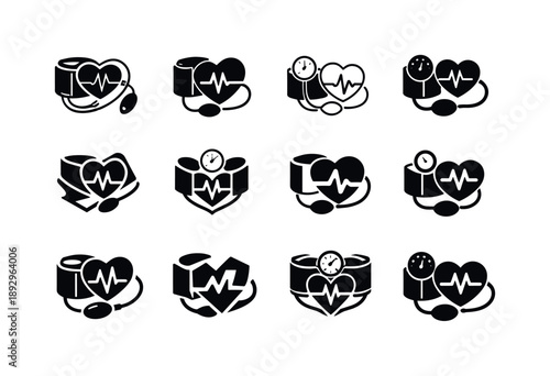 Blood Pressure Icon Set. Blood pressure cuff. Icon set. Set Logo of blood pressure cuff: heartbeat symbol. harmonious logo variations of the same emblematic