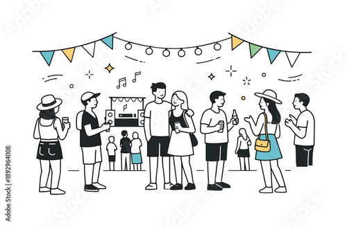 Summer Festival Vibes. Festival crowd outdoors. Attendees standing in an open space with flags and lights, relaxed social gathering and summer atmosphere.