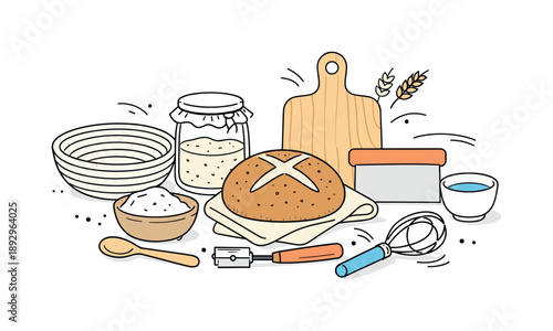 Artisan Baking Tools. Artisan bread tools scene. Sourdough tools placed casually but neatly, gentle overlaps suggesting everyday use. Warm, handmade baking