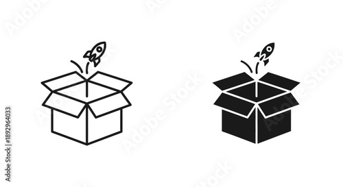 Rocket launching from a box icon, representing startup, innovation, and out-of-the-box thinking.