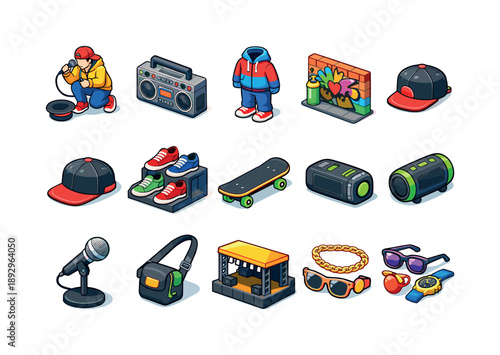 Street Culture Icons. Street culture music fashion. Colorful isometric vector icons set of Street culture music fashion: street performer, boombox, hoodie
