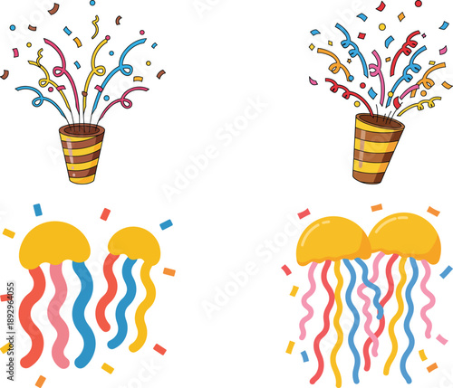 Party, popper, jellyfish, confetti, icon, vector, illustration, sketch, outline, celebration, festive, colorful, graphic, design, layout, minimal, top-down, stylized, vibrant, playful