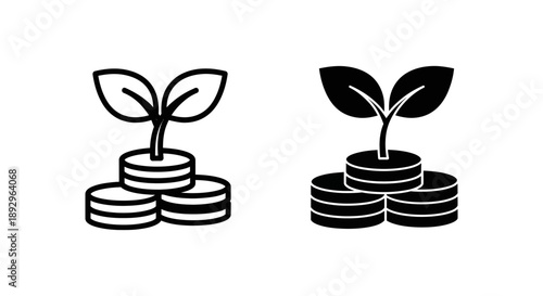 Financial growth concept: plant sprout growing from stacked coins, symbolizing investment, savings, and wealth accumulation in a simple icon.