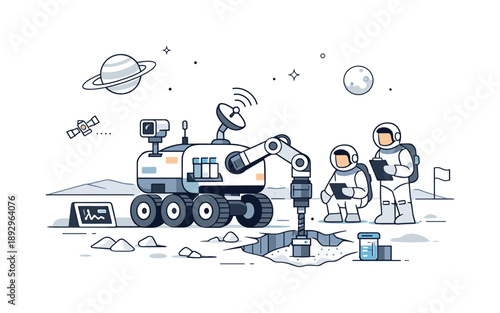 Rover on Icy Moon. Search for extraterrestrial clues. A compact rover examines icy ground on a distant moon, drilling and collecting samples. Focused work