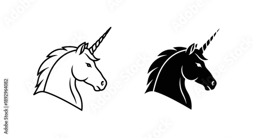 Majestic unicorn head profile, mythical creature with horn and flowing mane, presented in clean line art and bold silhouette for fantasy or design.