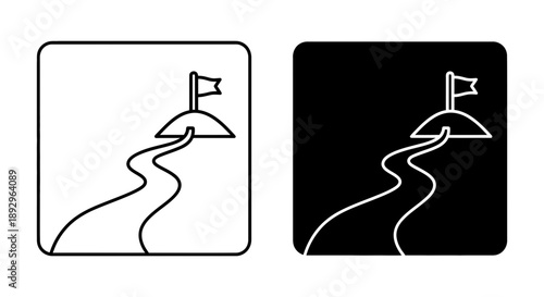 Journey to the summit with a winding path leading to a flag on a peak, representing achievement, goals, and success in a stylized icon.