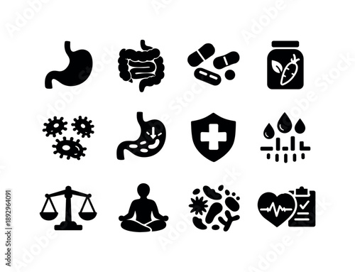 Microbiome Health Icons. The exploration of the human microbiome gut health. Solid icon set of The exploration of the human microbiome gut health: stomach