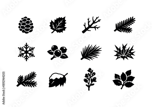 Frozen Botanical Icons. Frozen botanical elements. Solid icon set of Frozen botanical elements: frosted pine cone, icy leaf, frozen branch, evergreen sprig,