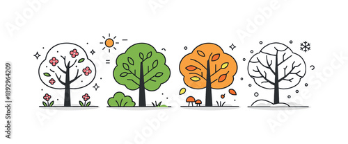 Seasonal Tree Transformation. Season change. A row of minimal trees, each representing a different season through simple color accents and shapes. Visual